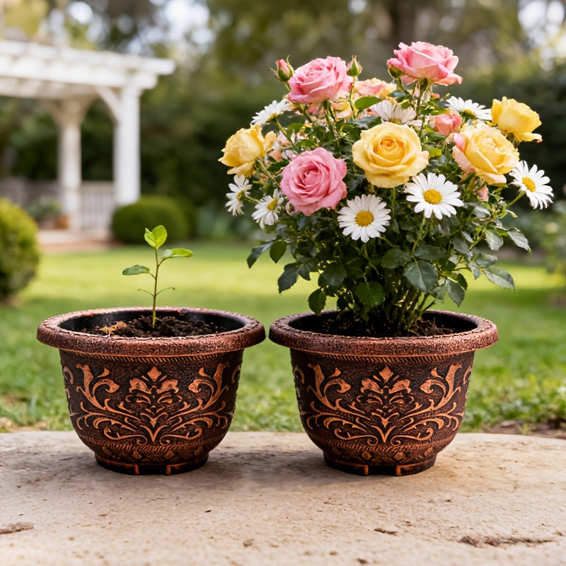 4pcs 11.8in Thickened Resin Planter Pots | 2025 European Design with Ancient Copper\u002FGolden Finish & Drainage Holes | for Indoor\u002FOutdoor Trees, Succulents, Cactus