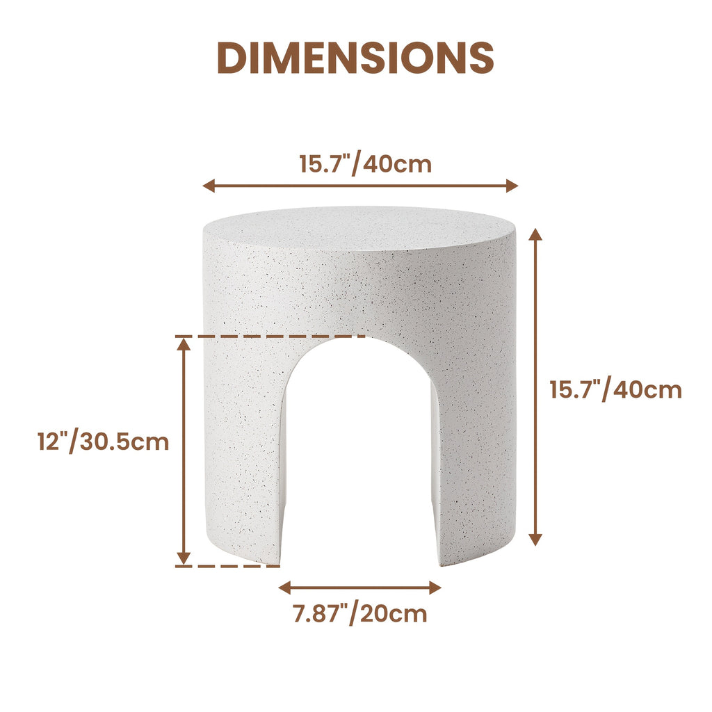 Modern Arched Hollow Table, 16-Inch Minimalist Terrazzo Texture Magnesium Side Table, Round Coffee Table with a Sculptural Feel for Garden And Living Room, Weather-Resistant Concrete Aesthetic Decorative Table, Speckled White\u002FGray
