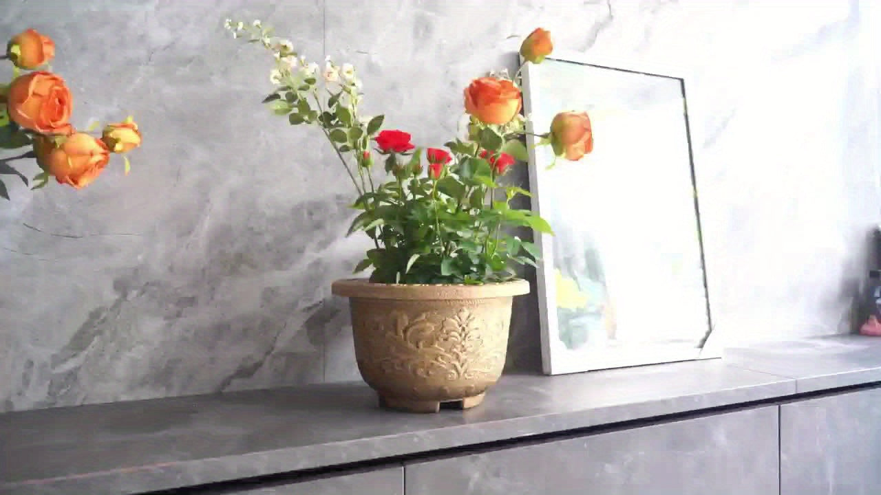 4pcs 11.8in Thickened Resin Planter Pots | 2025 European Design with Ancient Copper\u002FGolden Finish & Drainage Holes | for Indoor\u002FOutdoor Trees, Succulents, Cactus