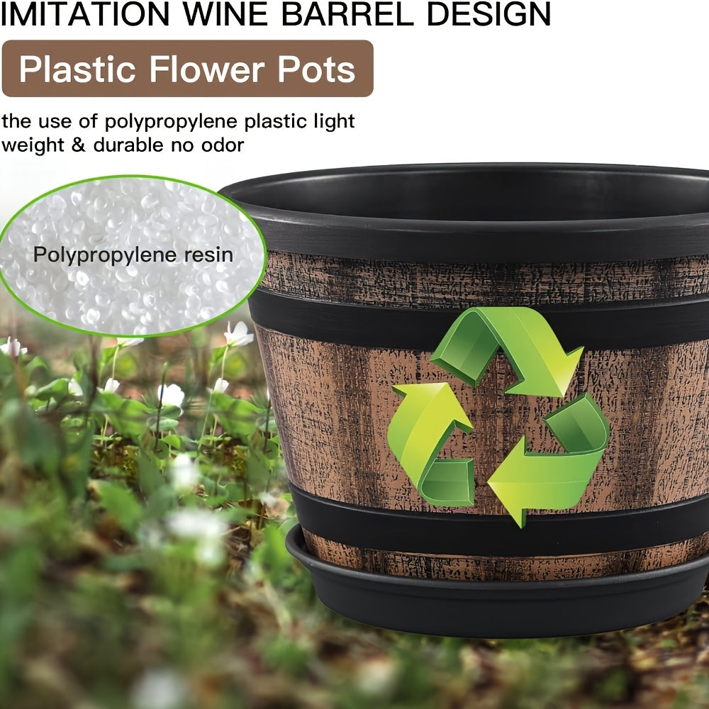 4pcs Rustic Whiskey Barrel Planter Set with Saucers - Vintage Resin Indoor\u002FOutdoor Flower Pots with Drainage Holes, Realistic Wood Grain Barrel Planters for Herbs, Succulents, Flowers (Brown Imitation Wood)