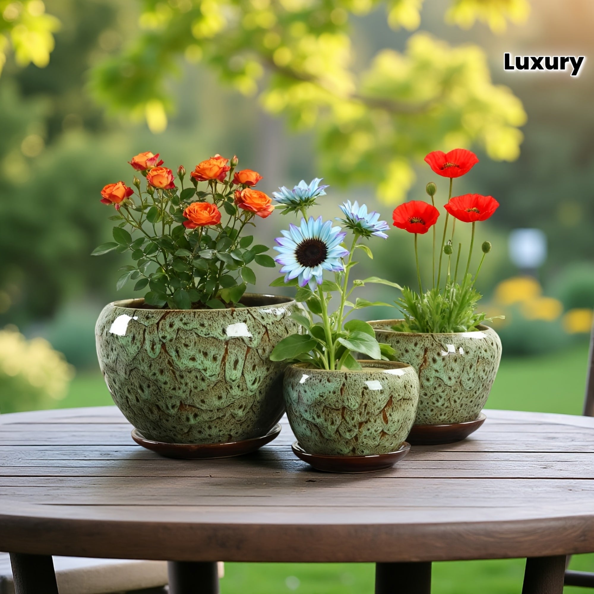 High-end Artisanal Handmade Crackled Moss Glaze Ceramic Flower Pot Set Of Three - Luxury Handcrafted Textured High-end Planter for Foliage And Orchids