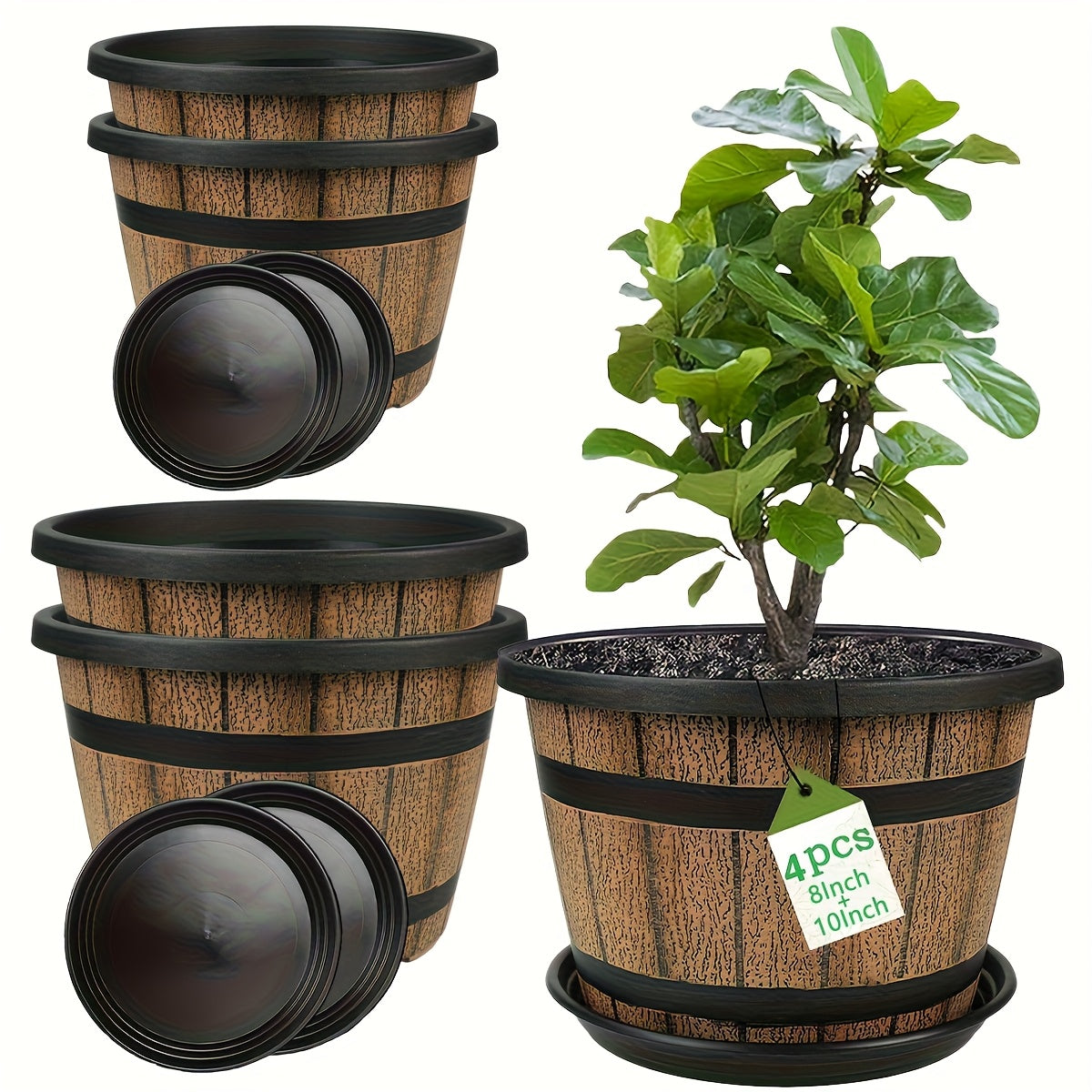4pcs Rustic Whiskey Barrel Planter Set with Saucers - Vintage Resin Indoor\u002FOutdoor Flower Pots with Drainage Holes, Realistic Wood Grain Barrel Planters for Herbs, Succulents, Flowers (Brown Imitation Wood)