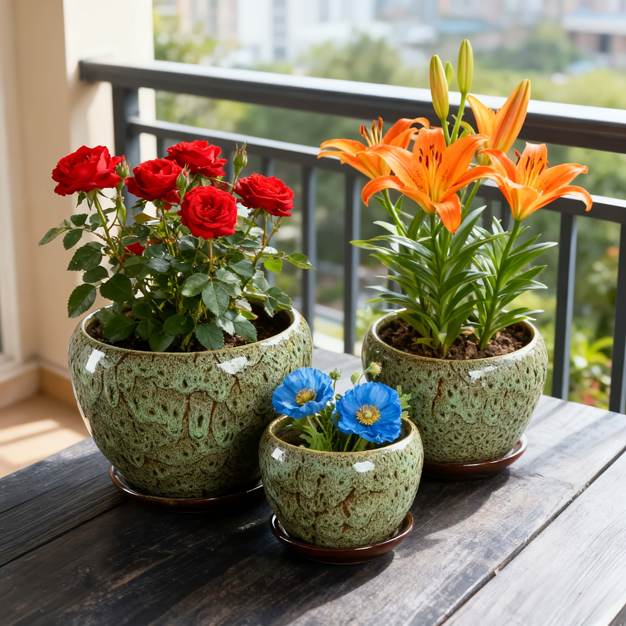 High-end Artisanal Handmade Crackled Moss Glaze Ceramic Flower Pot Set Of Three - Luxury Handcrafted Textured High-end Planter for Foliage And Orchids