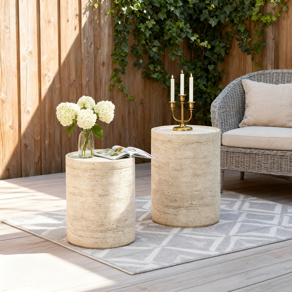 Outdoor Accent Table, Concrete Side Table for Patio, Mediterranean Style with Artificial Wood Base and Marble-like Top, 14\