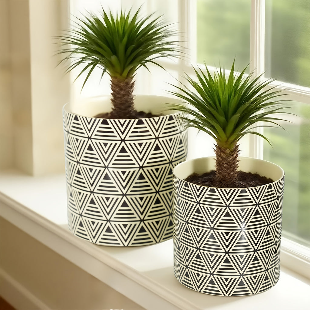 Garden 2pcs Planter Set, 3 Styles (triangle Leaf\u002Fline Patterns, Yellowish\u002Fblack). Small (7.09\