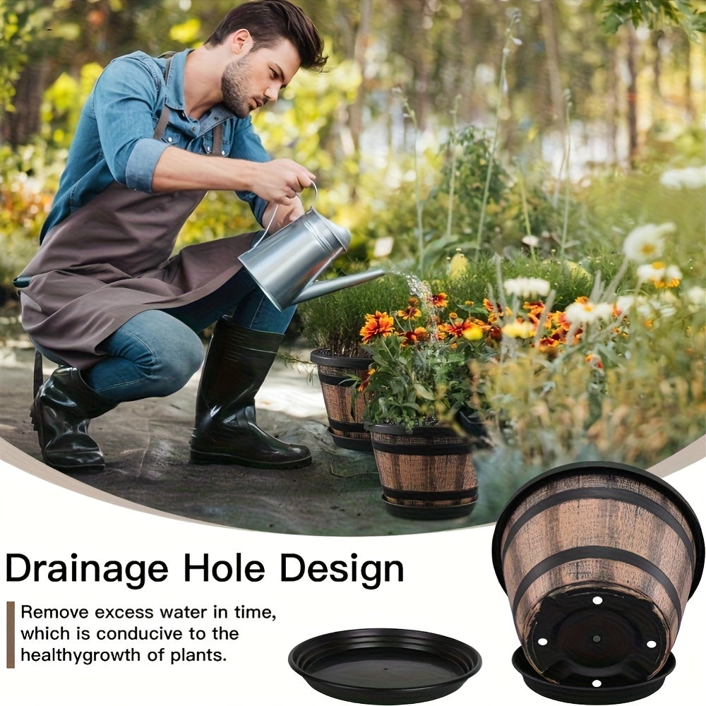 4pcs Rustic Whiskey Barrel Planter Set with Saucers - Vintage Resin Indoor\u002FOutdoor Flower Pots with Drainage Holes, Realistic Wood Grain Barrel Planters for Herbs, Succulents, Flowers (Brown Imitation Wood)