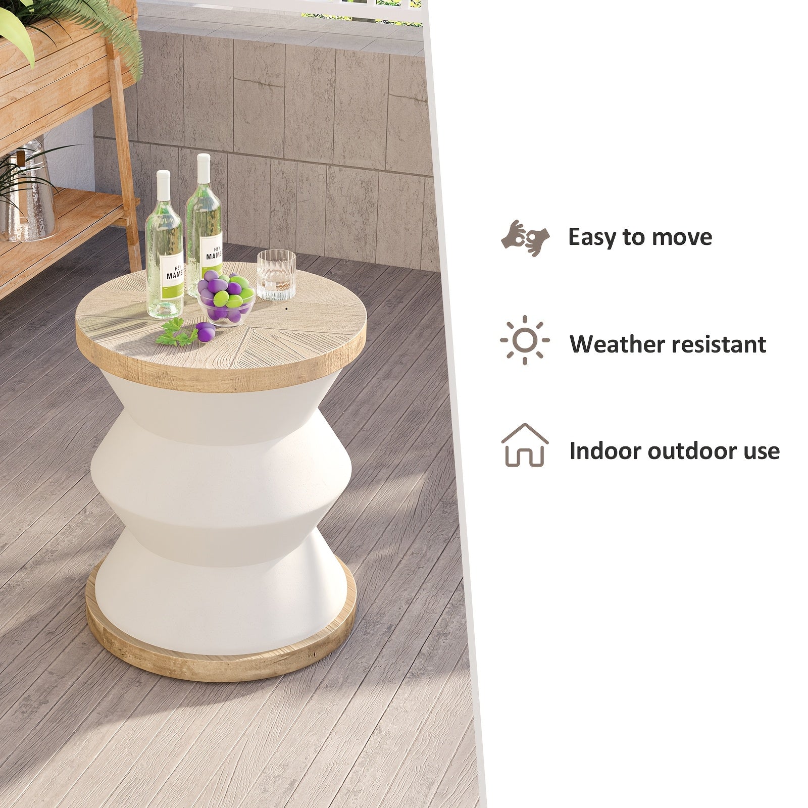 White Outdoor Side Table Made of Concrete, Perfect for Patios. This 14-Inch Accent Table Can Serve As an End Table Or a Garden Stool