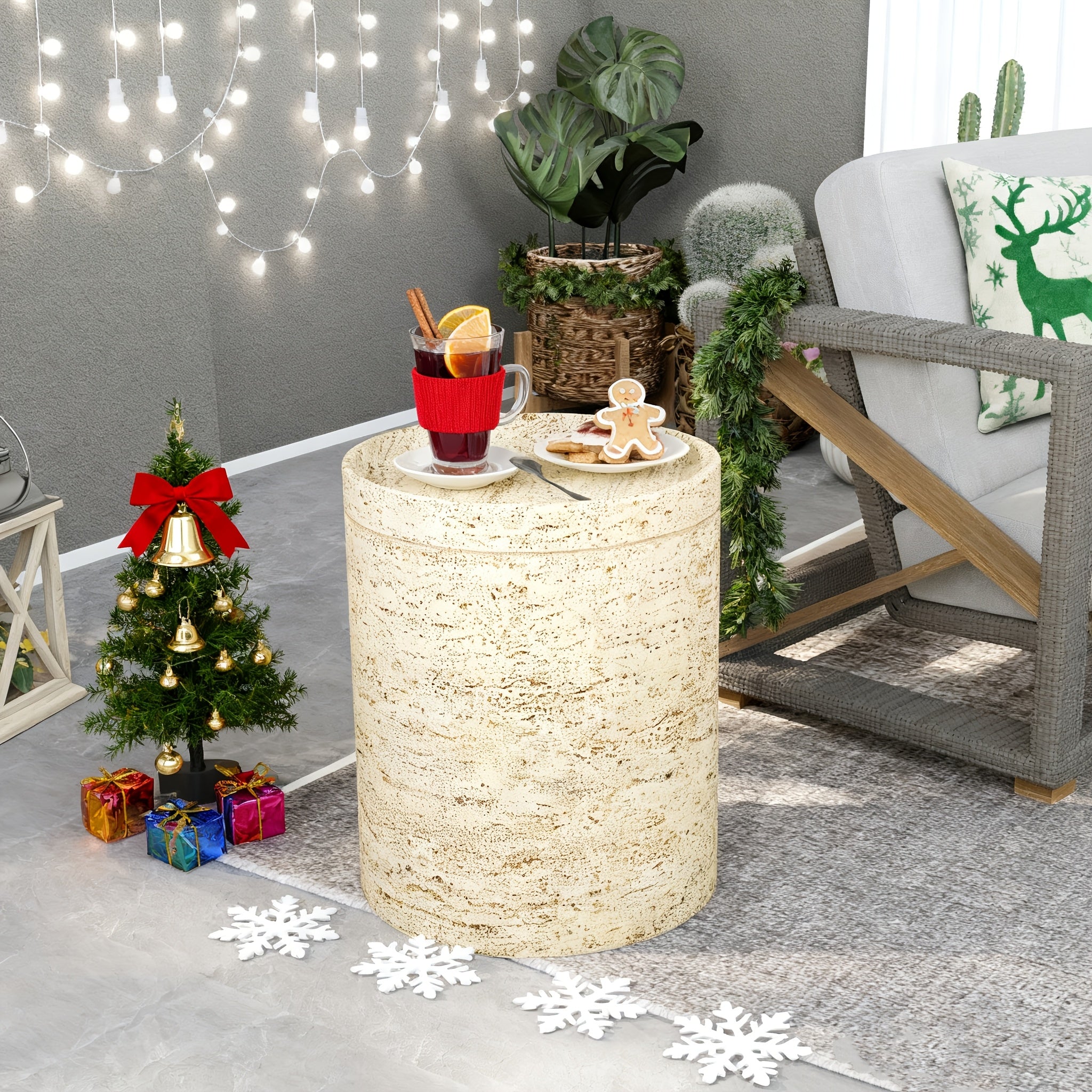 Outdoor Accent Table, Concrete Side Table for Patio, Mediterranean Style with Artificial Wood Base and Marble-like Top, 14\