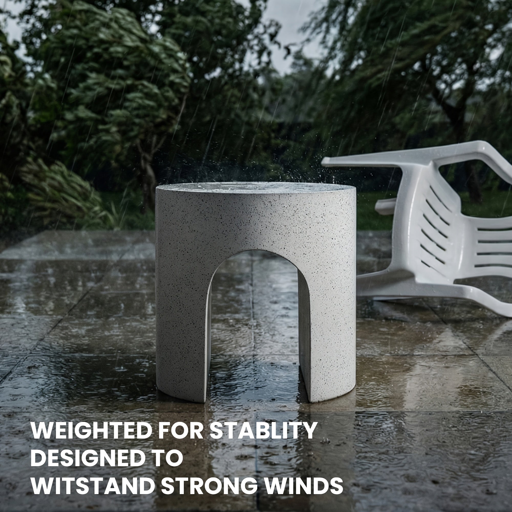 Modern Arched Hollow Table, 16-Inch Minimalist Terrazzo Texture Magnesium Side Table, Round Coffee Table with a Sculptural Feel for Garden And Living Room, Weather-Resistant Concrete Aesthetic Decorative Table, Speckled White\u002FGray