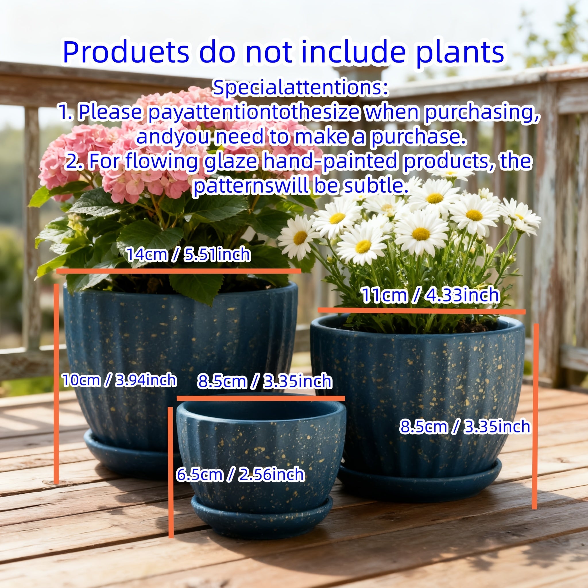 3pcs 6-inch 5-inch 4-inch Large, Medium And Small Corrugated Pattern Ceramic Flower Pot with Drainage Holes - Perfect for Indoor And Outdoor Succulents, Vanilla And Flowers, Casual Style, Round Design