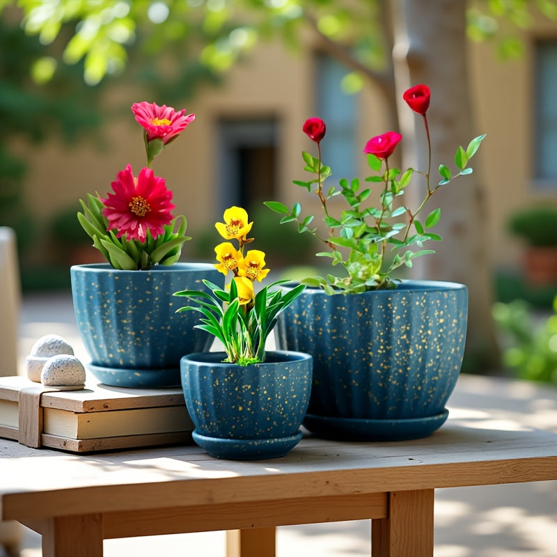 3pcs 6-inch 5-inch 4-inch Large, Medium And Small Corrugated Pattern Ceramic Flower Pot with Drainage Holes - Perfect for Indoor And Outdoor Succulents, Vanilla And Flowers, Casual Style, Round Design