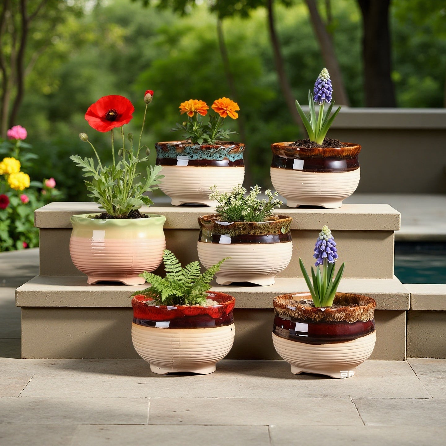 6pcs Handmade Ceramic Vase with Drainage Holes - Color-Block Striped Glazed Planters Suitable for \u002FOutdoor Use, Modern Round Pots for Succulents, Herbs, Flowers - Polished Ceramic Vases with Drainage (6pcs Set)