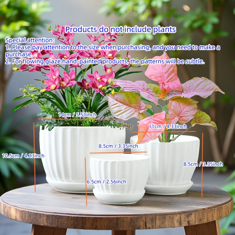 3pcs 6-inch 5-inch 4-inch Large, Medium And Small Corrugated Pattern Ceramic Flower Pot with Drainage Holes - Perfect for Indoor And Outdoor Succulents, Vanilla And Flowers, Casual Style, Round Design