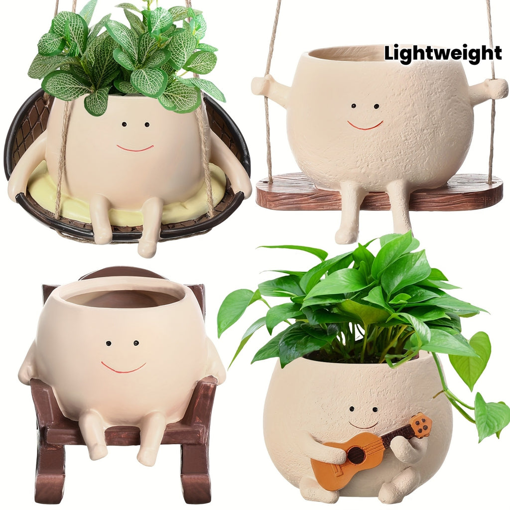 4 Pack Smile Face Ceramic Planter Pot | Small Hanging Swinging Planter Cute Holder for Indoor and Outdoor Plants, Funny Swing Gifts, Lightweight, Unfinished, Tabletop Mounting, Flowers Compatible - MEONUM