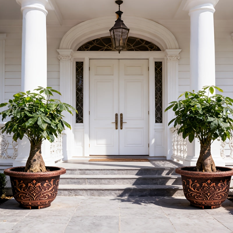 4pcs 11.8in Thickened Resin Planter Pots | 2025 European Design with Ancient Copper\u002FGolden Finish & Drainage Holes | for Indoor\u002FOutdoor Trees, Succulents, Cactus