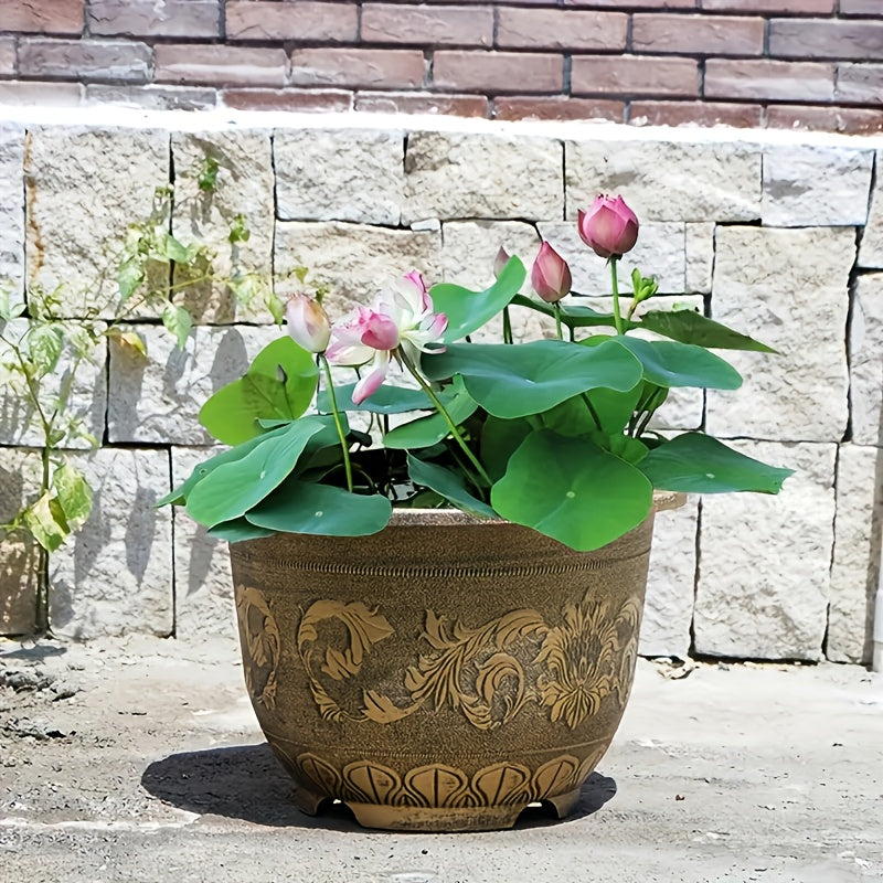 Set Of 2- 23 Inches Resin Flower Pots With Drainage Holes, Gardening Watering Planter, Painted With Thick And Durable European Antique Bronze Color Flower Pots, Outdoors\u002FIndoors Garden Decoration Pots, Bonsai Pots, Square Nursery Pots