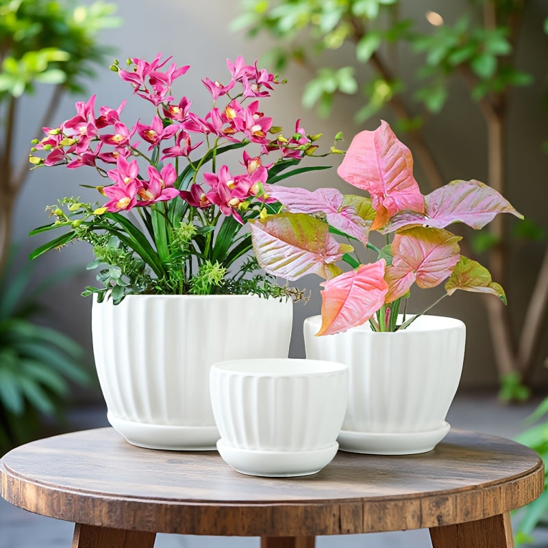 3pcs 6-inch 5-inch 4-inch Large, Medium And Small Corrugated Pattern Ceramic Flower Pot with Drainage Holes - Perfect for Indoor And Outdoor Succulents, Vanilla And Flowers, Casual Style, Round Design