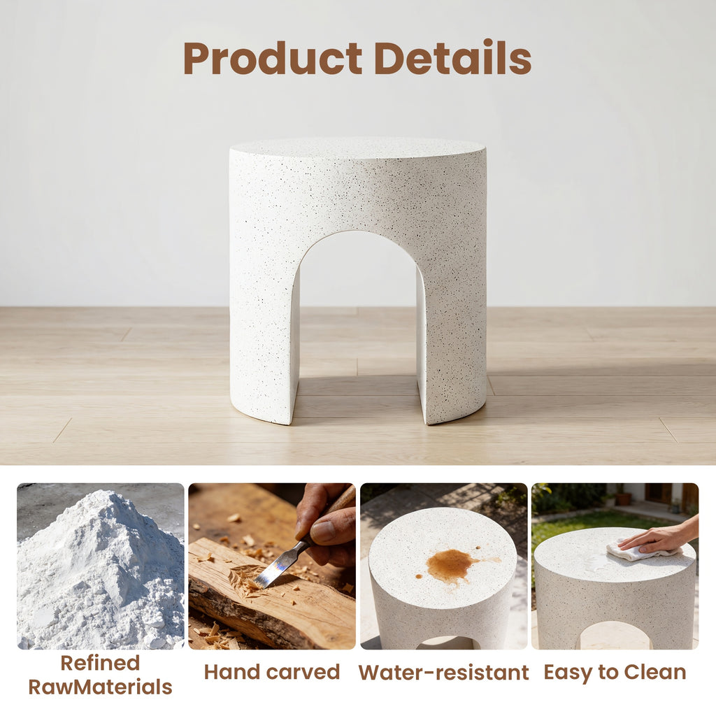 Modern Arched Hollow Table, 16-Inch Minimalist Terrazzo Texture Magnesium Side Table, Round Coffee Table with a Sculptural Feel for Garden And Living Room, Weather-Resistant Concrete Aesthetic Decorative Table, Speckled White\u002FGray