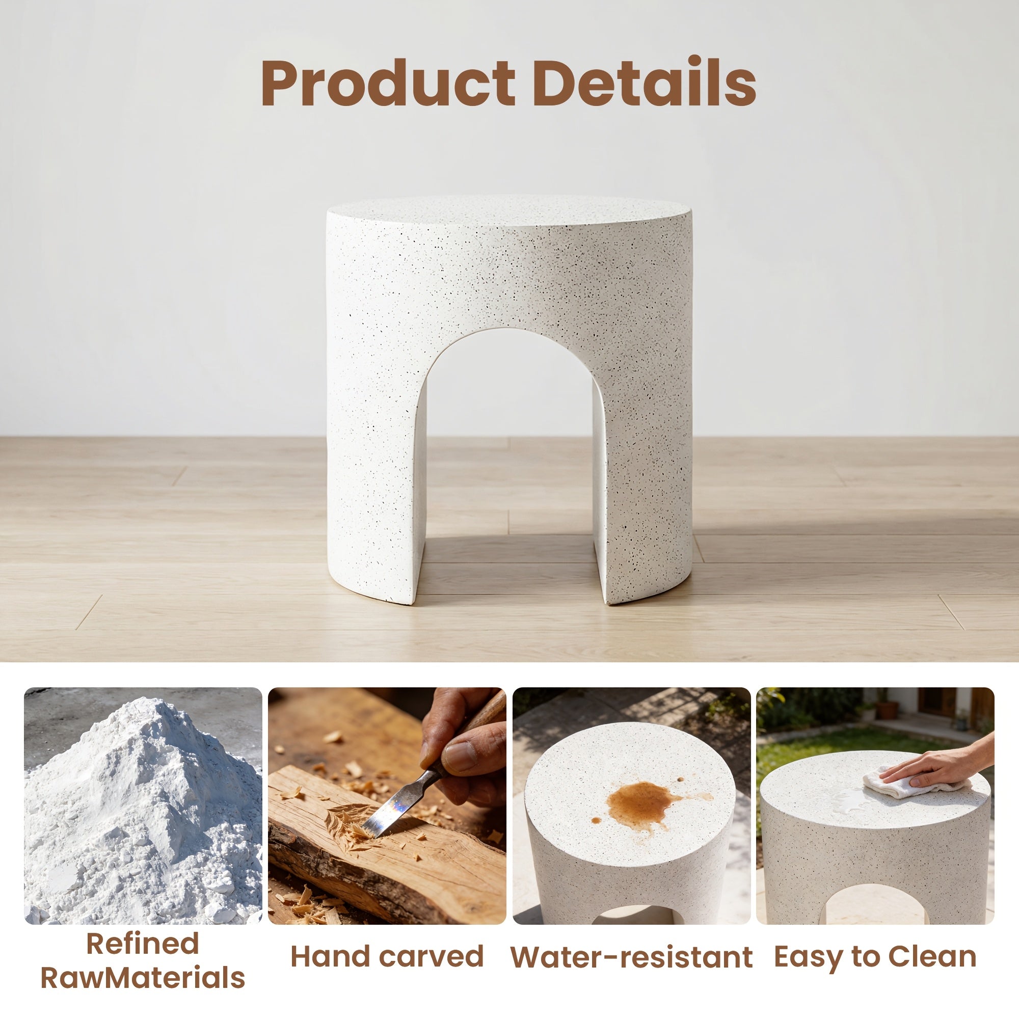 Modern Arched Hollow Table, 16-Inch Minimalist Terrazzo Texture Magnesium Side Table, Round Coffee Table with a Sculptural Feel for Garden And Living Room, Weather-Resistant Concrete Aesthetic Decorative Table, Speckled White\u002FGray