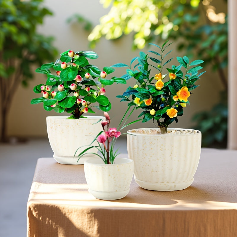 3pcs 6-inch 5-inch 4-inch Large, Medium And Small Corrugated Pattern Ceramic Flower Pot with Drainage Holes - Perfect for Indoor And Outdoor Succulents, Vanilla And Flowers, Casual Style, Round Design