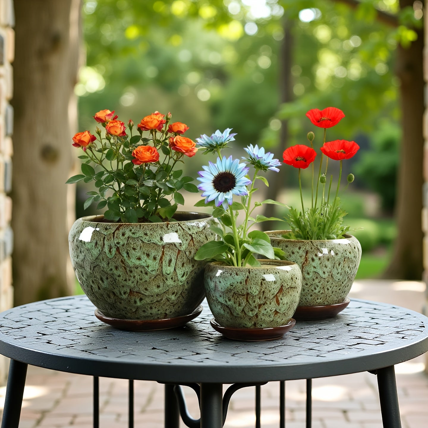 High-end Artisanal Handmade Crackled Moss Glaze Ceramic Flower Pot Set Of Three - Luxury Handcrafted Textured High-end Planter for Foliage And Orchids