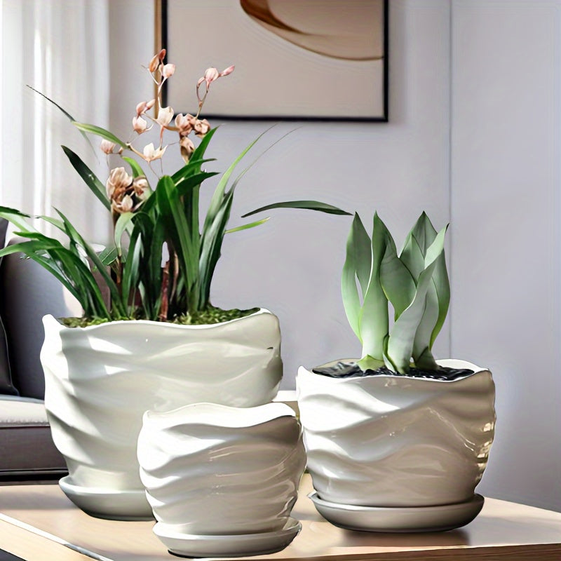 Bohemian-Style Ceramic Flower Pots • Set of Three with Drainage Holes • Perfect for Home, Office, Garden Decoration • Great Gifts for Christmas, Thanksgiving, Mother's Day • Gardening Gift for Home Decor