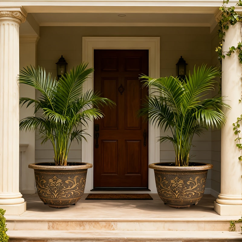 2pcs, 20Inch Vintage Style Resin Decorative Planters With Embossed Floral Pattern - Floor Mount Garden Pots Without Drainage Hole (Drillable)Suitable For Halloween And Christmas Decorations.