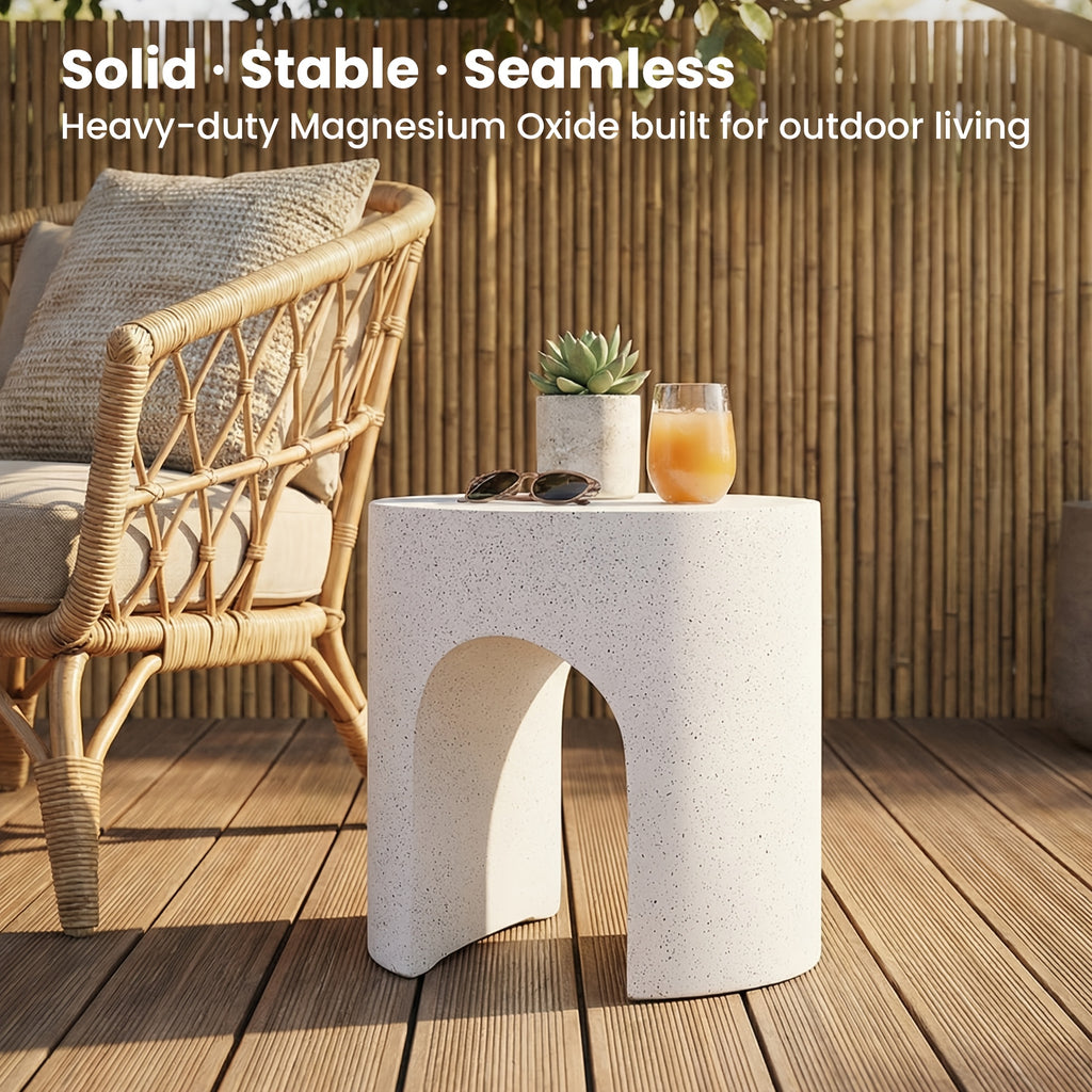Modern Arched Hollow Table, 16-Inch Minimalist Terrazzo Texture Magnesium Side Table, Round Coffee Table with a Sculptural Feel for Garden And Living Room, Weather-Resistant Concrete Aesthetic Decorative Table, Speckled White\u002FGray