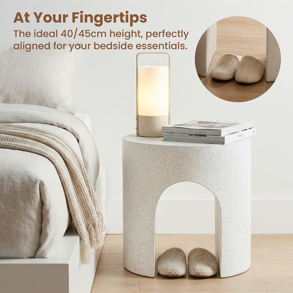 Modern Arched Hollow Table, 16-Inch Minimalist Terrazzo Texture Magnesium Side Table, Round Coffee Table with a Sculptural Feel for Garden And Living Room, Weather-Resistant Concrete Aesthetic Decorative Table, Speckled White\u002FGray