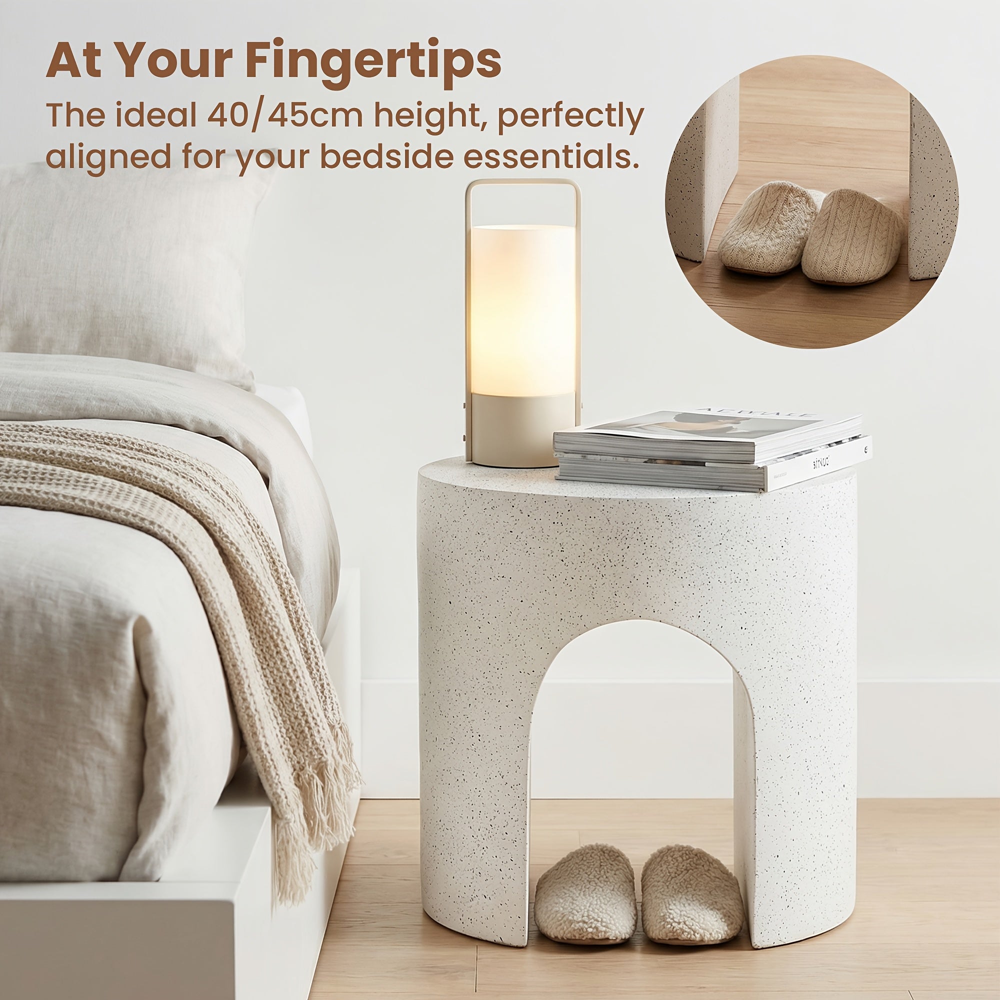 Modern Arched Hollow Table, 16-Inch Minimalist Terrazzo Texture Magnesium Side Table, Round Coffee Table with a Sculptural Feel for Garden And Living Room, Weather-Resistant Concrete Aesthetic Decorative Table, Speckled White\u002FGray