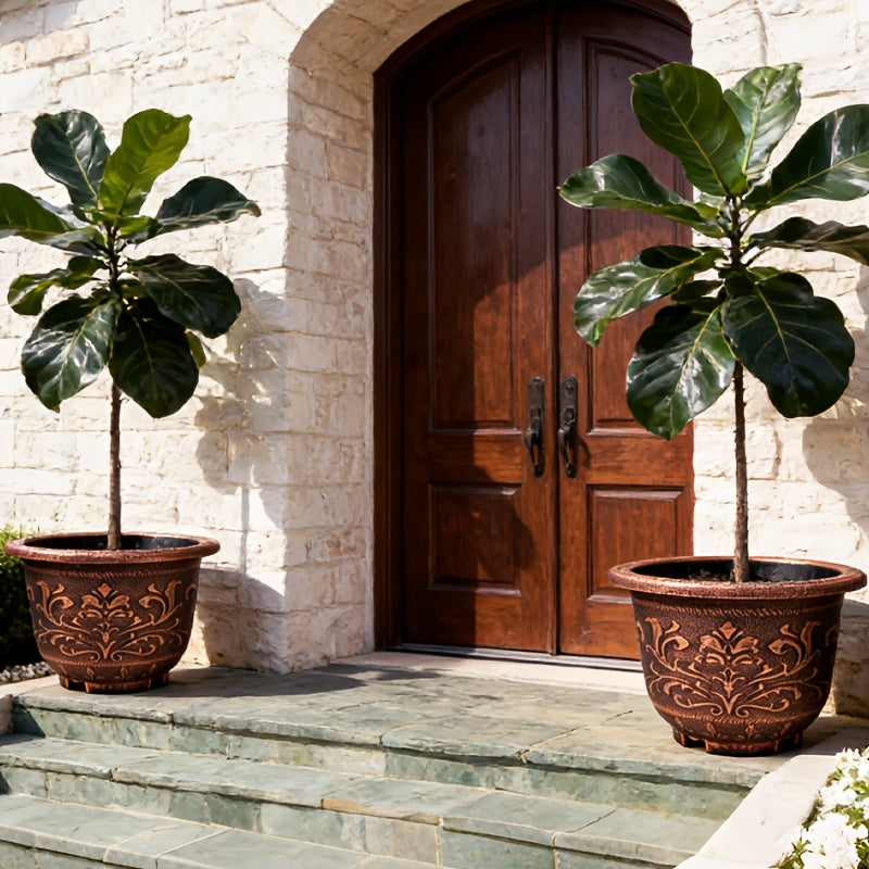 Set Of 2- 23 Inches Resin Flower Pots With Drainage Holes, Gardening Watering Planter, Painted With Thick And Durable European Antique Bronze Color Flower Pots, Outdoors\u002FIndoors Garden Decoration Pots, Bonsai Pots, Square Nursery Pots