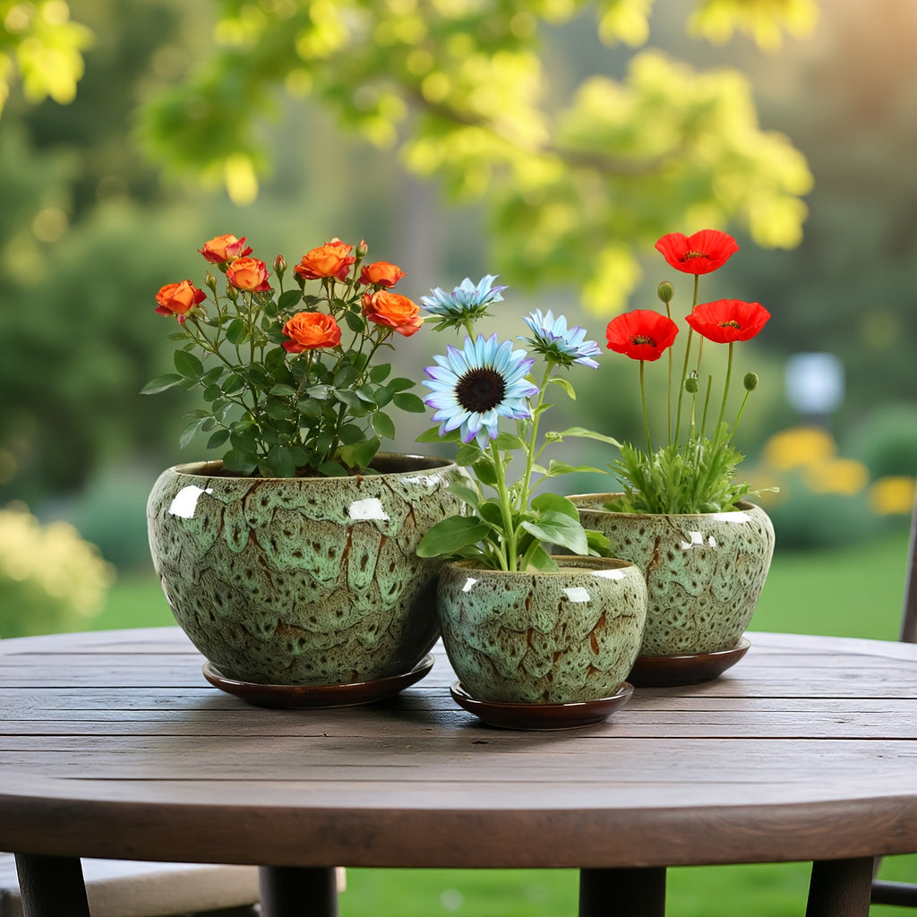 High-end Artisanal Handmade Crackled Moss Glaze Ceramic Flower Pot Set Of Three - Luxury Handcrafted Textured High-end Planter for Foliage And Orchids