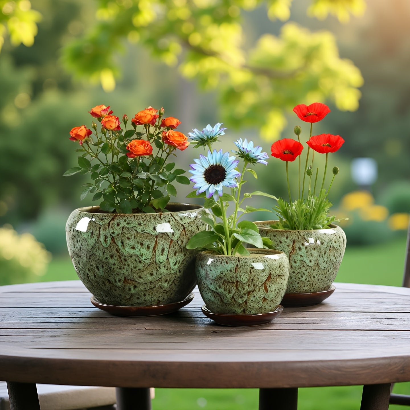 High-end Artisanal Handmade Crackled Moss Glaze Ceramic Flower Pot Set Of Three - Luxury Handcrafted Textured High-end Planter for Foliage And Orchids