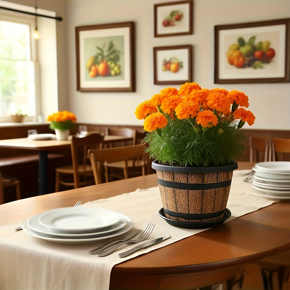 4pcs Rustic Whiskey Barrel Planter Set with Saucers - Vintage Resin Indoor\u002FOutdoor Flower Pots with Drainage Holes, Realistic Wood Grain Barrel Planters for Herbs, Succulents, Flowers (Brown Imitation Wood)