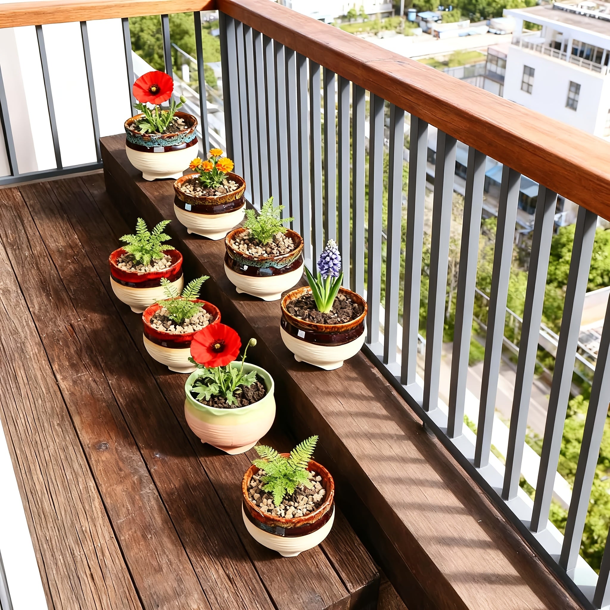 6pcs Handmade Ceramic Vase with Drainage Holes - Color-Block Striped Glazed Planters Suitable for \u002FOutdoor Use, Modern Round Pots for Succulents, Herbs, Flowers - Polished Ceramic Vases with Drainage (6pcs Set)