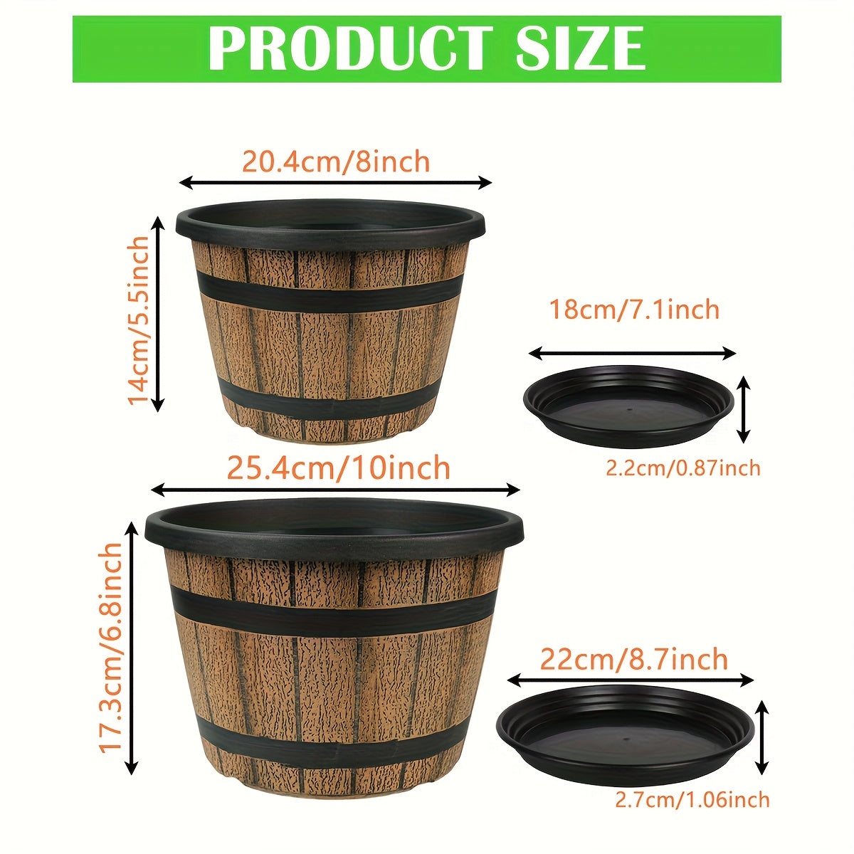 4pcs Rustic Whiskey Barrel Planter Set with Saucers - Vintage Resin Indoor\u002FOutdoor Flower Pots with Drainage Holes, Realistic Wood Grain Barrel Planters for Herbs, Succulents, Flowers (Brown Imitation Wood)